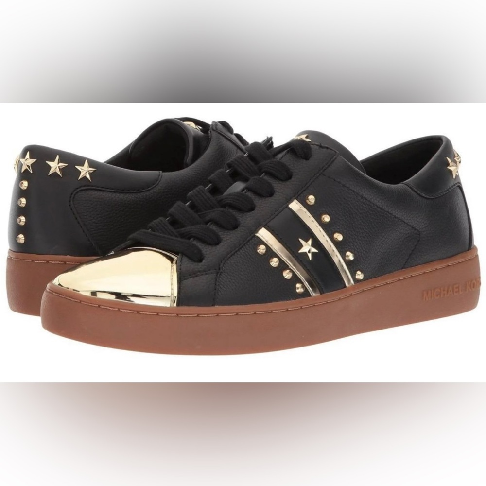 MICHAEL KORS Frankie Stripe Gold Star Studded Black Leather Sneaker Women’s 7.5